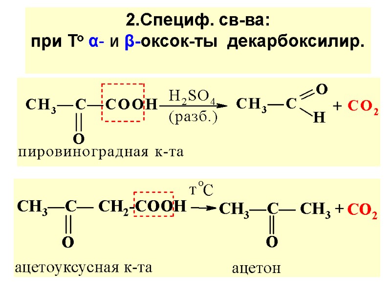 2.Специф. св-ва:   при То α- и β-оксок-ты  декарбоксилир.